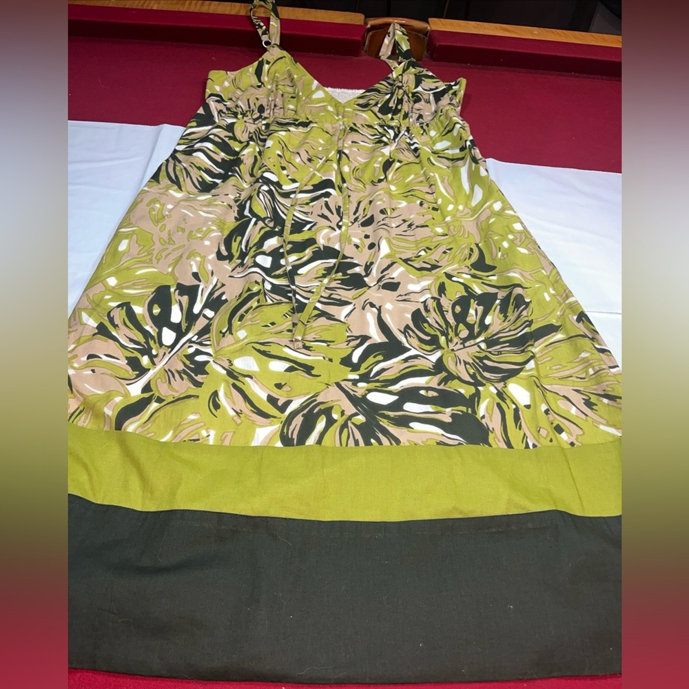 Long Tall Sally BLACK Olive Cotton Sun DRESS flowers V Neck MIDI Lined, SIZE 16